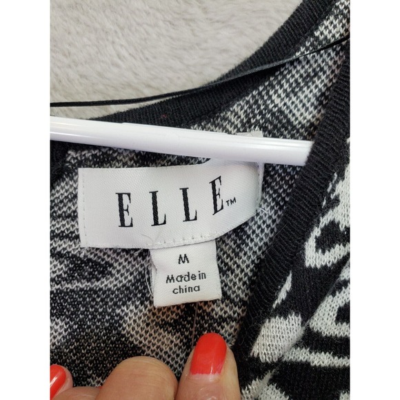ELLE Fit & Flare Dress Womens Medium Black Geo Print Cotton Cap Sleeve Back Zip - Picture 5 of 7